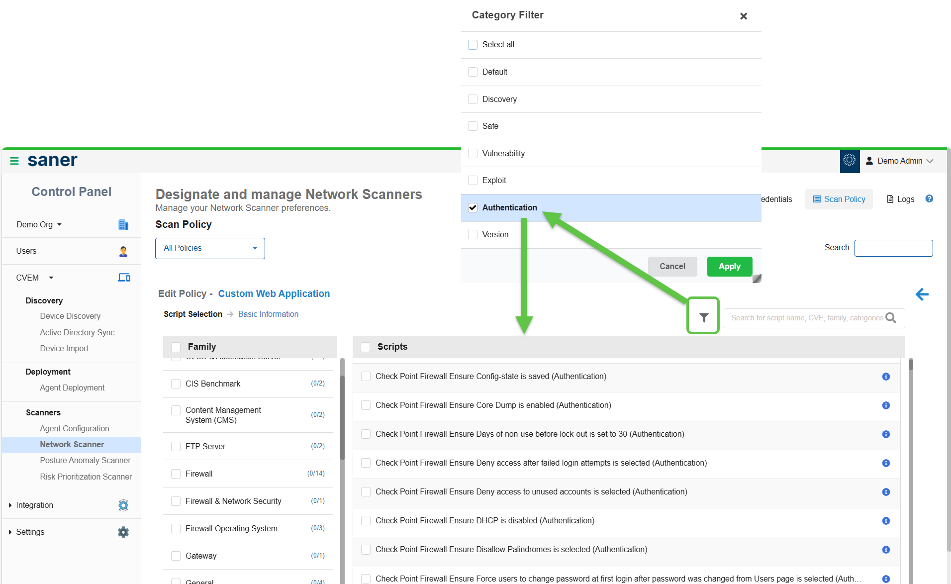 Authentication option from the Category filter